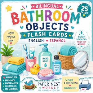 Cartes mémoire bilingues sur les objets de la salle de bain | Vocabulaire anglais-espagnol (Téléchargement numérique)