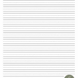 May include: A white sheet of lined paper featuring a repeating pattern of three horizontal lines, with a solid line at the top and bottom and a dashed line in the center. A circular logo in the bottom right corner displays the text PNW PAPER NEST.