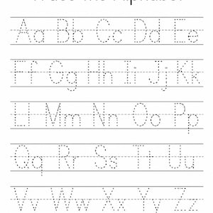 May include: A white educational worksheet titled Trace the Alphabet in black text. It features five rows of uppercase and lowercase letters in a dotted font style, designed for handwriting practice, with a small circular logo in the bottom right corner.