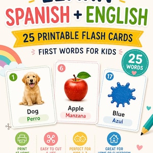 以下が含まれることがあります： スペイン語と英語を学ぶ子供向けの教育用フラッシュカード。犬、リンゴ、青い飛沫の画像が英語とスペイン語の単語とともに表示されます。このセットには、25枚の印刷可能なフラッシュカードが含まれています。