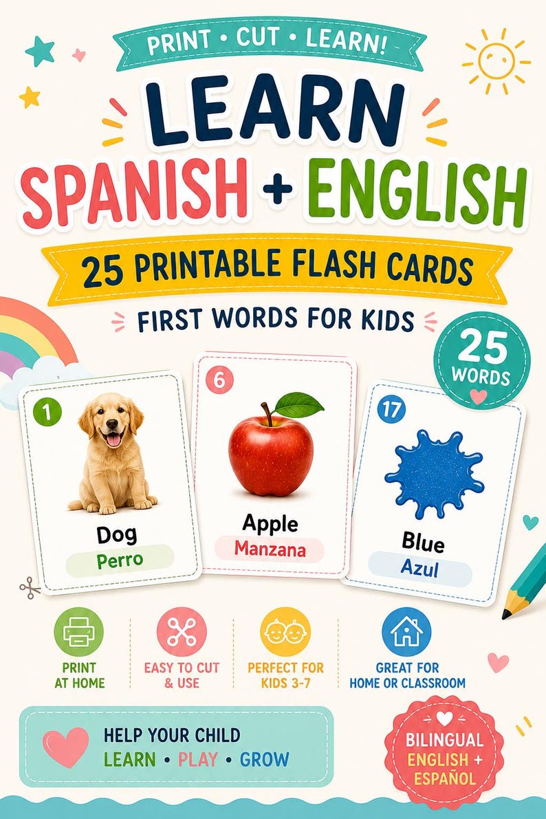 Bilingual Flash Cards for Kids. English & Spanish First Words ...