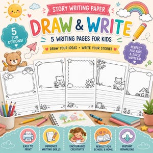 Teken en schrijf verhalenpapier | Werkbladen creatief schrijven voor kinderen | Afdrukbare pdf met schrijfpagina's
