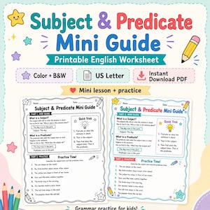 Puede incluir: Una hoja de trabajo imprimible en inglés titulada Subject & Predicate Mini Guide. El documento incluye una minilección, ejercicios de práctica y una sección de trucos rápidos. Presenta gráficos coloridos de estrellas y un lápiz.