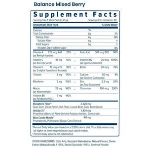 May include: A supplement facts label for "Balance Mixed Berry" with nutritional information per serving. The label details calories, vitamins, and minerals, including Vitamin A, C, E, and B12. It also lists ingredients like Biosphere Fiber and Unicity 7x.