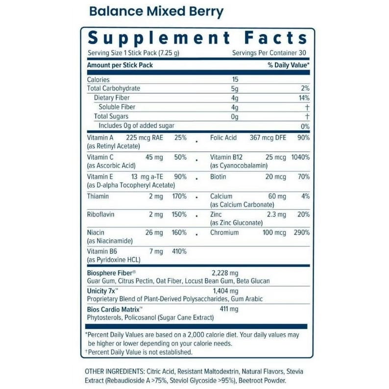 May include: A supplement facts label for "Balance Mixed Berry" with nutritional information per serving. The label details calories, vitamins, and minerals, including Vitamin A, C, E, and B12. It also lists ingredients like Biosphere Fiber and Unicity 7x.
