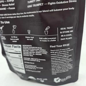 May include: Black package of RYZE mushroom blend coffee. The package includes instructions for use, nutritional information, and a list of ingredients. The text on the package includes "Stress Relief" and "Energy".