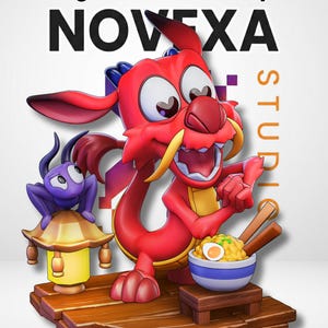 Op de afbeelding: Een kleurrijk cartoonbeeldje met een rode draak met gele accenten, een paars insect en een kom noedels. Het beeldje staat op een houten voet. De tekst "Digital Download Only" en "NOVEXA STUDIO" zijn ook zichtbaar.