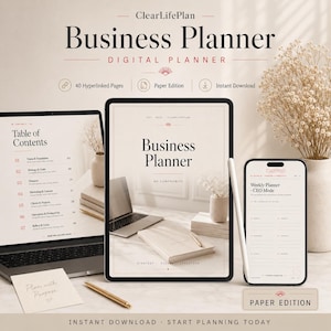 Peut inclure: Un planificateur d'entreprise numérique affiché sur un ordinateur portable, une tablette et un smartphone. Les écrans montrent une table des matières, une page de couverture intitulée Business Planner et une page de planification hebdomadaire.