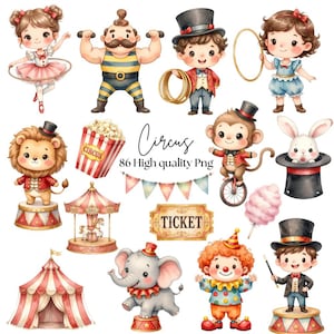 May include: A collection of watercolor-style circus illustrations featuring a ballerina, strongman, ringmaster, lion, monkey on a unicycle, rabbit in a hat, elephant, clown, carousel, tent, popcorn, cotton candy, and a ticket sign with the text Circus 86 High quality Png.