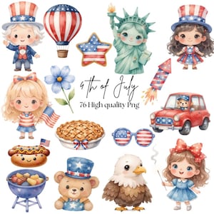 Pode incluir: Uma coleção de ilustrações em aquarela para o 4 de julho com personagens em trajes patrióticos, um balão de ar quente, uma estrela, a Estátua da Liberdade, um fogo de artifício, um carro, uma torta, óculos de sol, um cachorro-quente, uma churrasqueira, um urso e uma águia.