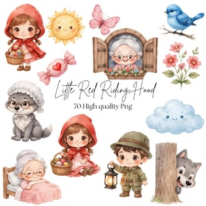Puede incluir: Ilustraciones en acuarela de personajes y elementos de Caperucita Roja. Incluye una niña con una capa roja, un lobo, una abuela, un cazador, una cesta de huevos, un sol, una mariposa, un pájaro azul, flores, una nube y caramelos.