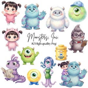 Könnte beinhalten: Eine Sammlung digitaler Illustrationen mit Charakteren aus Monsters, Inc., darunter ein junges Mädchen, ein blaues geflecktes Monster, ein weißer Yeti, ein grünes einäugiges Monster, eine lila Eidechse, eine gelbe Dose und der Text Monsters, Inc. 82 High quality Png.