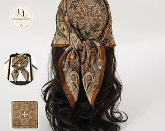 Pañuelo de seda con estampado paisley estilo boho, turbante de satén marrón, pañuelo cuadrado tipo bandana, accesorio floral vintage para el cabello, chal ligero de verano para mujer.