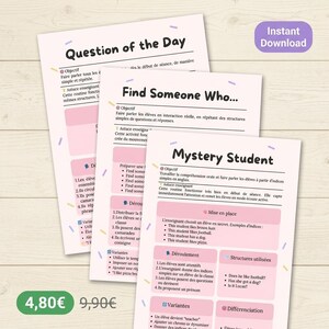 Op de afbeelding: Drie afdrukbare educatieve werkbladen met de titels "Question of the Day", "Find Someone Who..." en "Mystery Student". De werkbladen zijn wit met roze en blauwe accenten en bevatten tekst in het Frans en Engels. Rechtsboven staat een paarse "Instant Download"-knop.