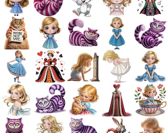 Pacchetto PNG di Alice nel Paese delle Meraviglie, Pacchetto di clipart del Paese delle Meraviglie, Collezione di PNG di personaggi fantasy, Clipart per il tea party, Disegni per sublimazione
