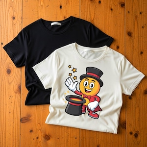 May include: A black t-shirt and a white t-shirt. The white t-shirt features a graphic of a yellow cartoon character wearing a black top hat and red bowtie, performing a magic trick with a top hat and floating yellow stars around its hand.