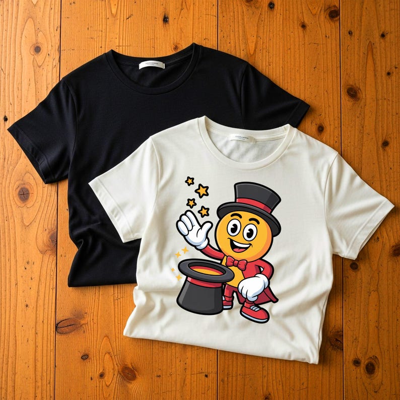May include: A black t-shirt and a white t-shirt. The white t-shirt features a graphic of a yellow cartoon character wearing a black top hat and red bowtie, performing a magic trick with a top hat and floating yellow stars around its hand.