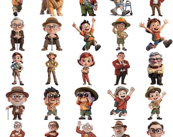 Pacchetto di immagini PNG, clipart di avventura e cartoni animati, personaggi esploratori della natura selvaggia, immagini PNG ispirate ai film per bambini, disegni per sublimazione, set di download digitale