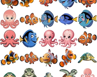 Pacchetto PNG Amici dell'Oceano, Clipart di Animali Marini, Collezione PNG di Pesci, Tartarughe e Polpi carini, Clipart di cartoni animati sottomarini, Disegni per sublimazione