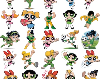 Pacchetto PNG delle Powerpuff Girls, clipart di supereroine dei cartoni animati, file PNG di personaggi femminili carini, pacchetto di design per sublimazione, download immediato