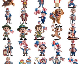 Pacchetto PNG di avventura patriottica, clipart di cartoni animati per il 4 luglio, disegni per sublimazione per il Giorno dell'Indipendenza degli Stati Uniti, download PNG rosso bianco blu