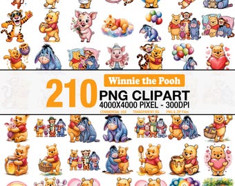 Pacchetto di clipart PNG di Winnie the Pooh, Tigro, Pimpi, Ih-Oh, set di personaggi, Winnie the Pooh Friends stampabile per compleanno e baby shower