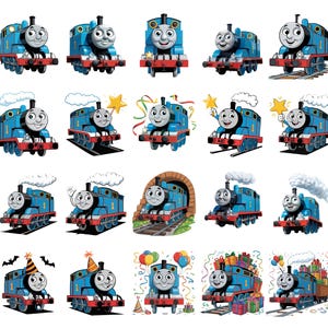 May include: A collection of twenty individual illustrations featuring the blue steam locomotive Thomas the Tank Engine. Each image depicts the character with the number one on the side, showing various expressions, poses, and festive party themes.