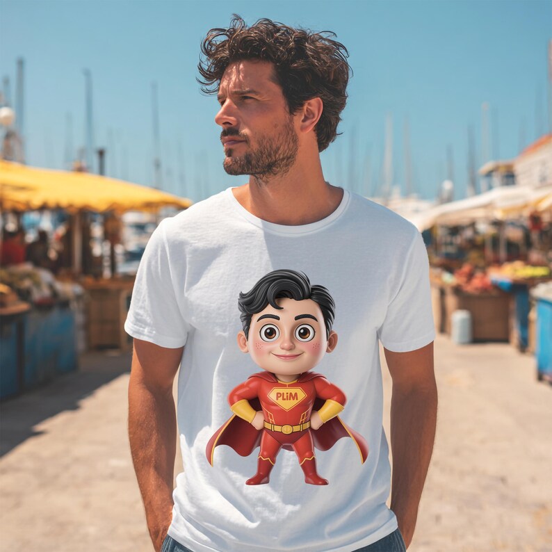 May include: A white short-sleeved t-shirt featuring a centered graphic of a cartoon superhero character with black hair, wearing a red suit with yellow accents, a red cape, and the text PLIM printed on the chest emblem in a yellow font.