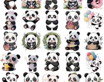 Pacchetto PNG di panda kawaii, clipart di panda carini, sublimazione di cuccioli di panda, pacchetto di adesivi di animali, file PNG scaricabili digitalmente