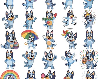Pacchetto PNG di Bluey, clipart della famiglia di cani blu, simpatici cartoni animati PNG, sublimazione per compleanno di bambini, pacchetto di adesivi, download digitale