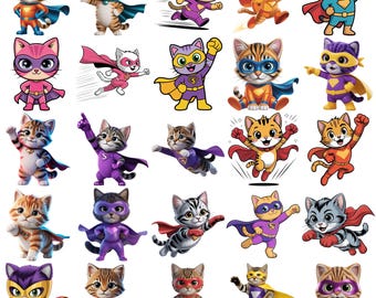 Pacchetto PNG di gattini supereroi, clipart di gatti in stile cartone animato, disegni per sublimazione per bambini (download digitale)