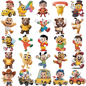 May include: A collection of twenty-five colorful cartoon character stickers featuring various figures including children in cars, a bear playing drums, a clown, a bee, a magician, and a superhero. Each character is rendered in a vibrant 3D style.