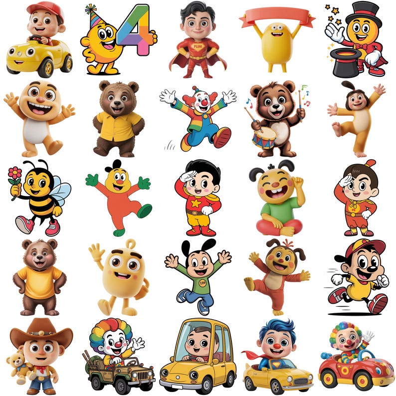 May include: A collection of twenty-five colorful cartoon character stickers featuring various figures including children in cars, a bear playing drums, a clown, a bee, a magician, and a superhero. Each character is rendered in a vibrant 3D style.