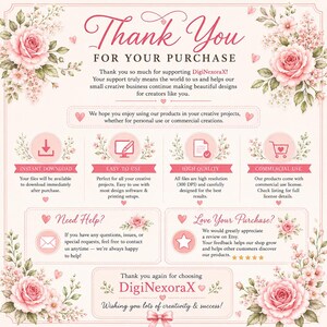 May include: A thank you card for a purchase from DigiNexoraX featuring a light pink background with watercolor floral illustrations in the corners. The text includes information about instant downloads, high quality files, and commercial use.