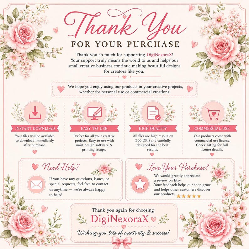 May include: A thank you card for a purchase from DigiNexoraX featuring a light pink background with watercolor floral illustrations in the corners. The text includes information about instant downloads, high quality files, and commercial use.