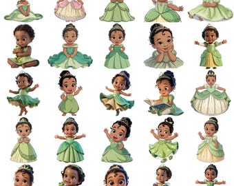 Pacchetto di clipart PNG di Baby Tiana, illustrazioni di principesse delle fiabe (download digitale)