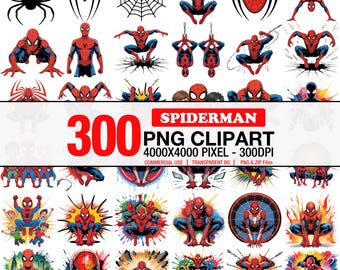 Pacchetto di clipart PNG di Spiderman, pose d'azione da supereroe, illustrazioni in stile fumetto (download digitale)