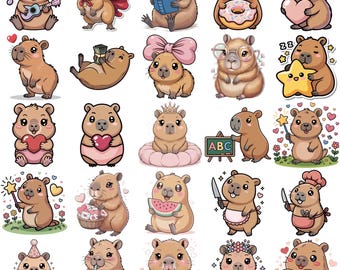 Pacchetto PNG di capibara kawaii, clipart di capibara carini, pacchetto PNG di animali, disegni per sublimazione, adesivi PNG, download digitale