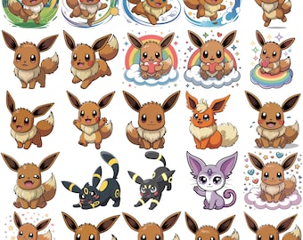 Pacchetto di immagini PNG Chibi di Eevee Evolutions, clipart di Pokémon carini, Eevee Kawaii PNG, pacchetto di personaggi anime, download digitale, uso commerciale