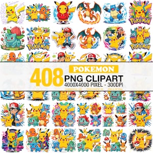 May include: A collection of 408 PNG clipart images featuring various Pokémon characters, including Pikachu, Charizard, and Blastoise. The images are colorful and detailed, with a resolution of 4000x4000 pixels at 300 DPI. The word "Pokemon" is also visible.