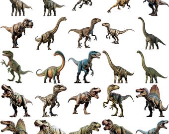 Pacchetto di immagini PNG realistiche di dinosauri giurassici, clipart di animali preistorici (download digitale)