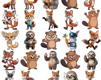 Pacchetto di immagini PNG di animali della foresta, volpe, castoro e bradipo in stile cartone animato (download digitale)