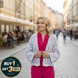 May include: A woman wearing a gray and white crochet jacket over a red blouse and pants. The jacket features a floral pattern. A promotional graphic with the text "BUY 1 GET 3 FREE" is in the lower left corner.