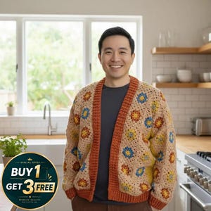 May include: A beige crochet cardigan with a floral pattern in yellow, blue, and orange. The cardigan has a rust-coloured trim and is worn by a person. The image also includes a promotional offer: "BUY 1 GET 3 FREE".