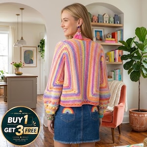 May include: A vibrant, crocheted cardigan in pink, orange, yellow, and purple. The cardigan features a square pattern and is worn with a denim skirt with rainbow pocket details. The image also includes a promotional offer.