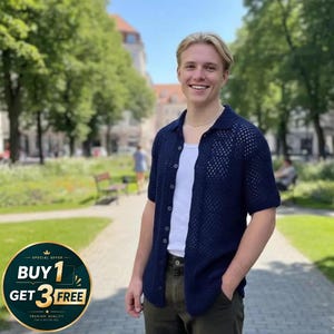 May include: A navy blue, short-sleeved, open-weave shirt over a white undershirt. The shirt is buttoned at the chest. The image also includes a gold necklace and olive green pants. A promotional graphic reads "BUY 1 GET 3 FREE".