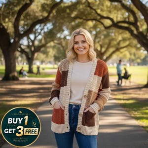 May include: A multi-colored, button-down cardigan with a patchwork design. The sweater features shades of beige, brown, and orange. The cardigan has two front pockets and is worn with blue jeans. The image also includes a promotional graphic.