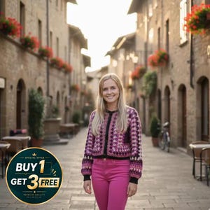 May include: A woman wearing a pink, purple, and black crochet jacket and pink pants stands on a cobblestone street. The jacket has a geometric pattern. The image includes a circular graphic with the text "BUY 1 GET 3 FREE".