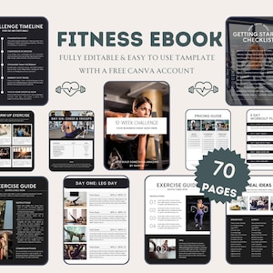 May include: A fitness ebook with a black and white design, featuring a challenge timeline, exercise guides, and meal ideas. The cover includes the text "Fitness Ebook" and "10 Week Challenge". The ebook has 70 pages and is fully editable.