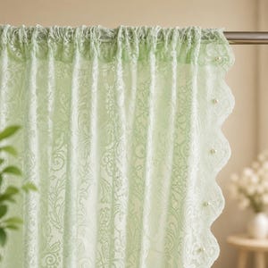 Matcha Green Lace Sheer Curtains, Cottagecore Window Panels, Vintage Floral Lace Curtain, Farmhouse Bedroom Decor, Romantic Window Treatment